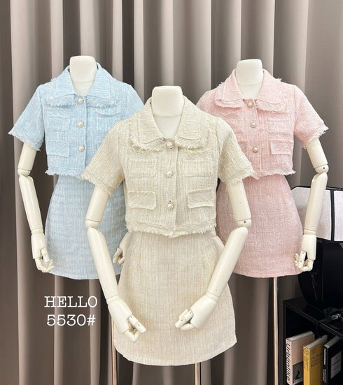 Tweed Collar Down Short Sleeves Crop Blazer With Skirts Sets